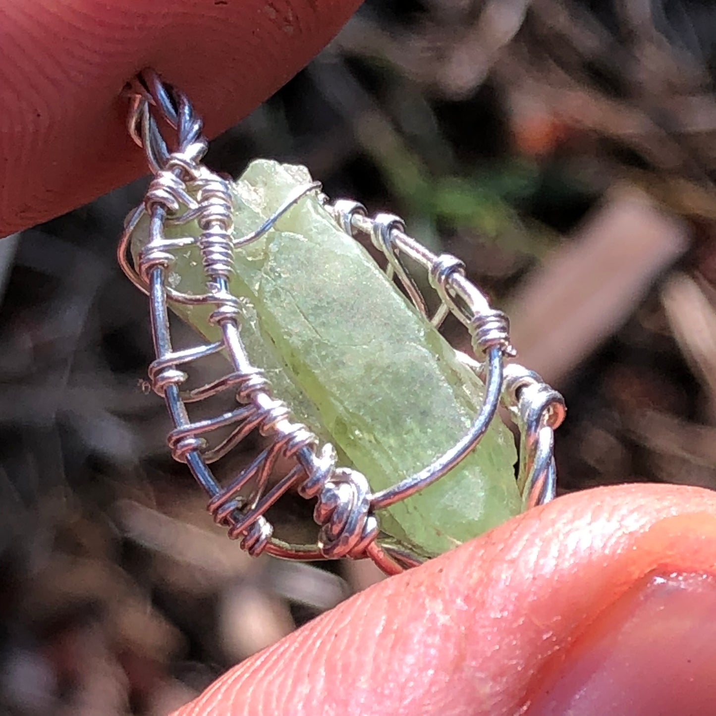 Natural Peridot and Sterling Silver Wire-Wrap Pendant and chain