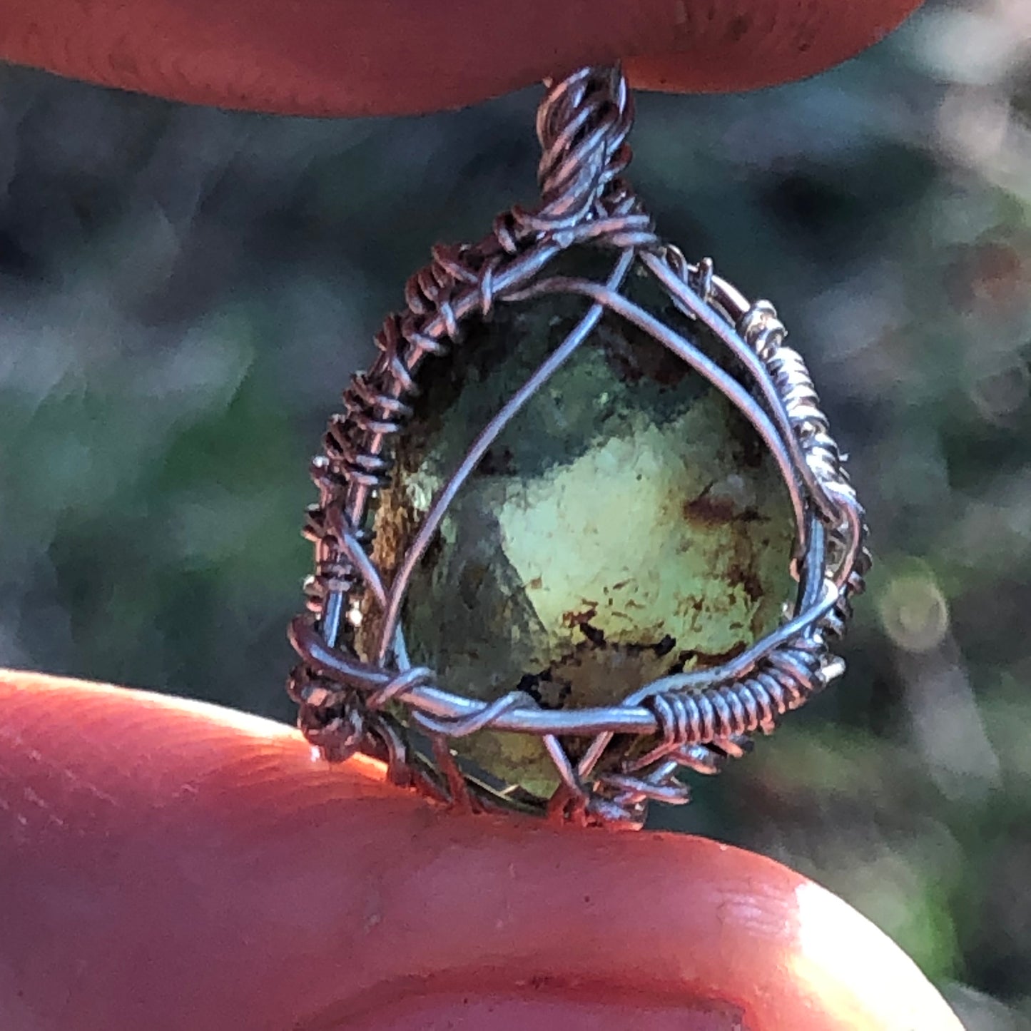 Natural Emerald and Sterling Silver Wire-Wrap Pendant and chain