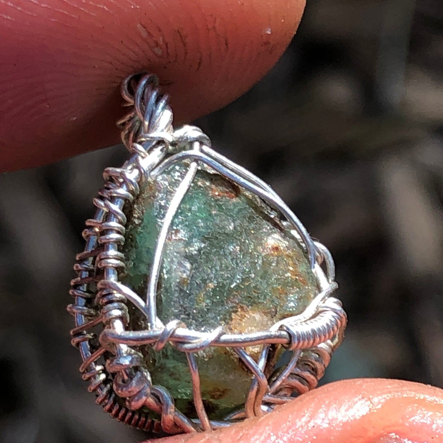 Natural Emerald and Sterling Silver Wire-Wrap Pendant and chain