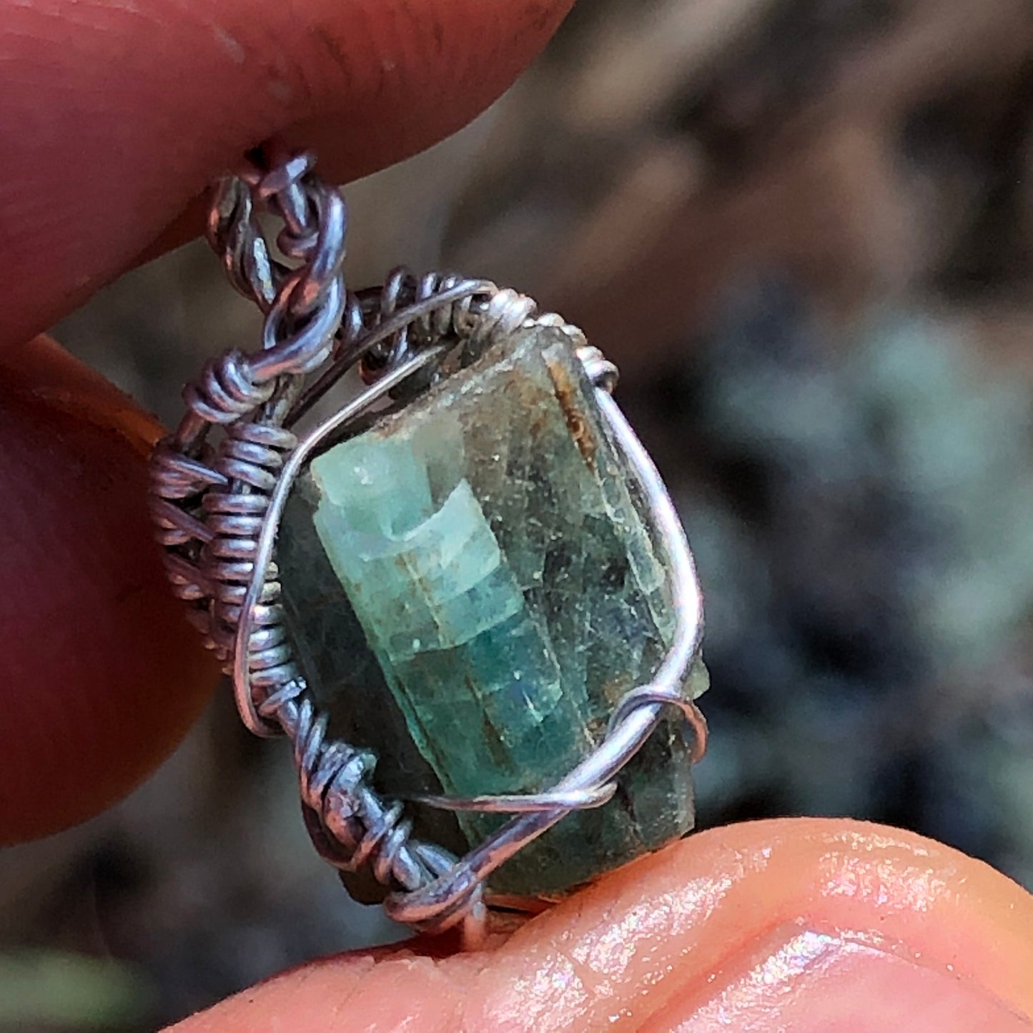 Natural Emerald and Sterling Silver Wire-Wrap Pendant and chain