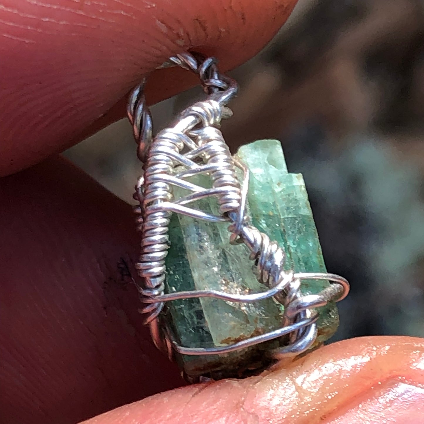 Natural Emerald and Sterling Silver Wire-Wrap Pendant and chain