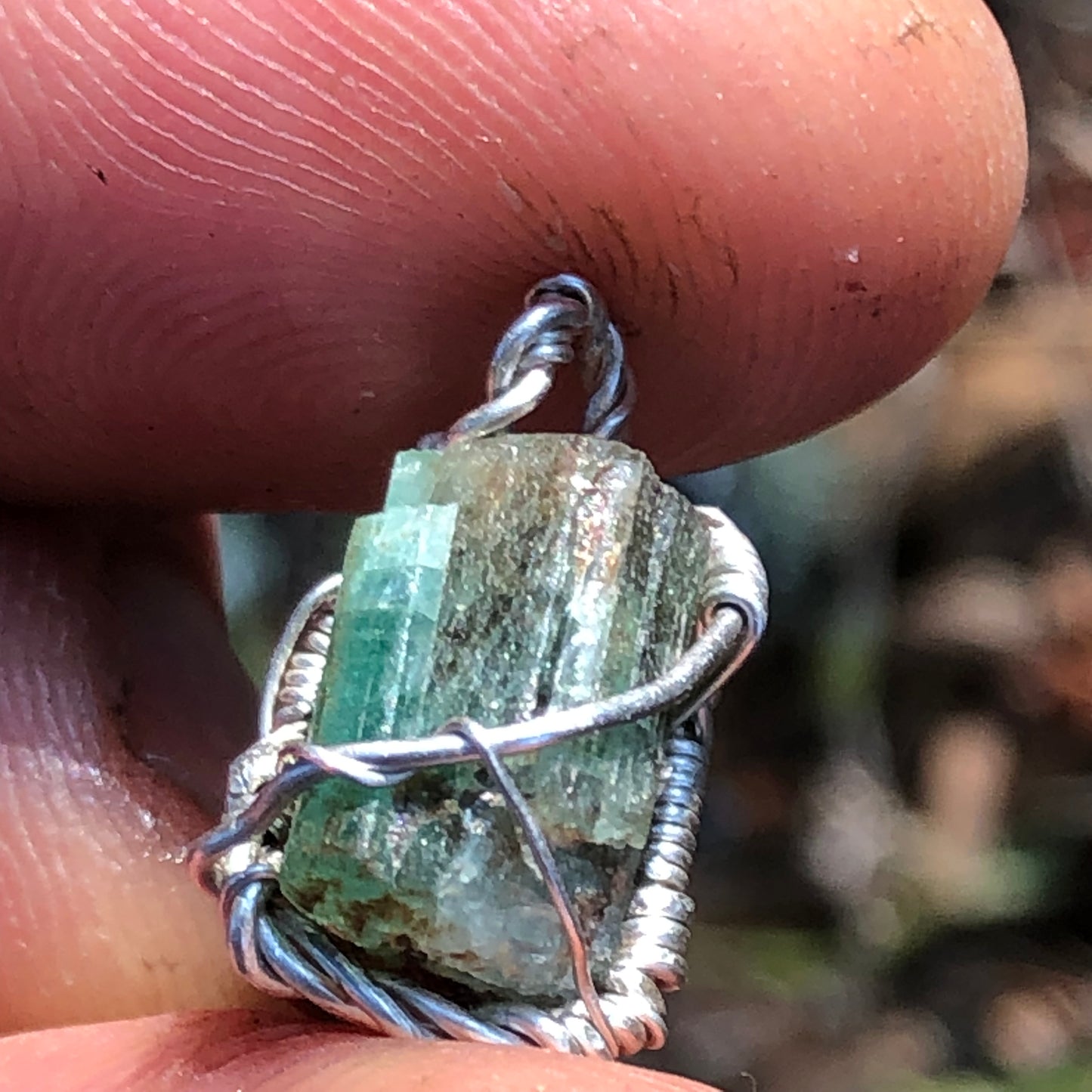Natural Emerald and Sterling Silver Wire-Wrap Pendant and chain