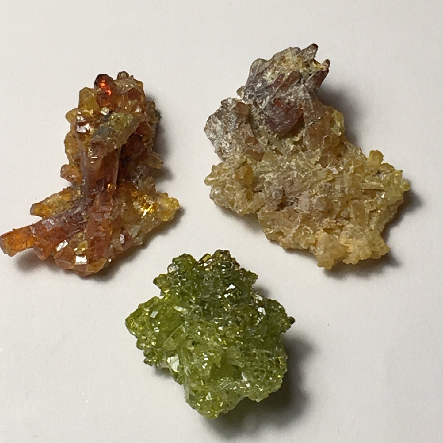 Perfectly matched set of 3 Gemmy Zincite Clusters (Red Green Yellow)