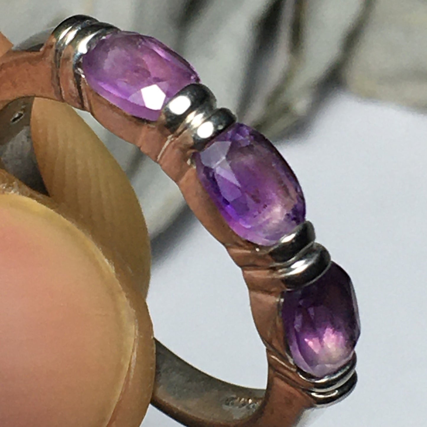 Amethyst Triple-Stone Sterling Silver Ring (Size 9)