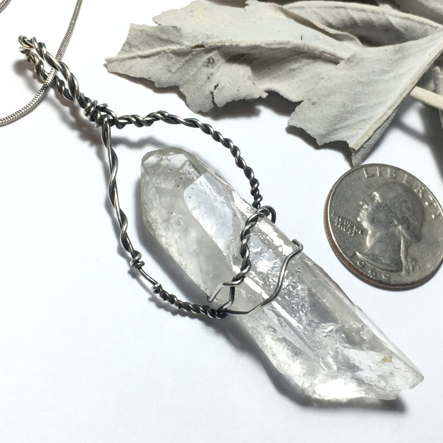 Wire Wrap Brazil Quartz 925 Sterling Silver Pendant on chain