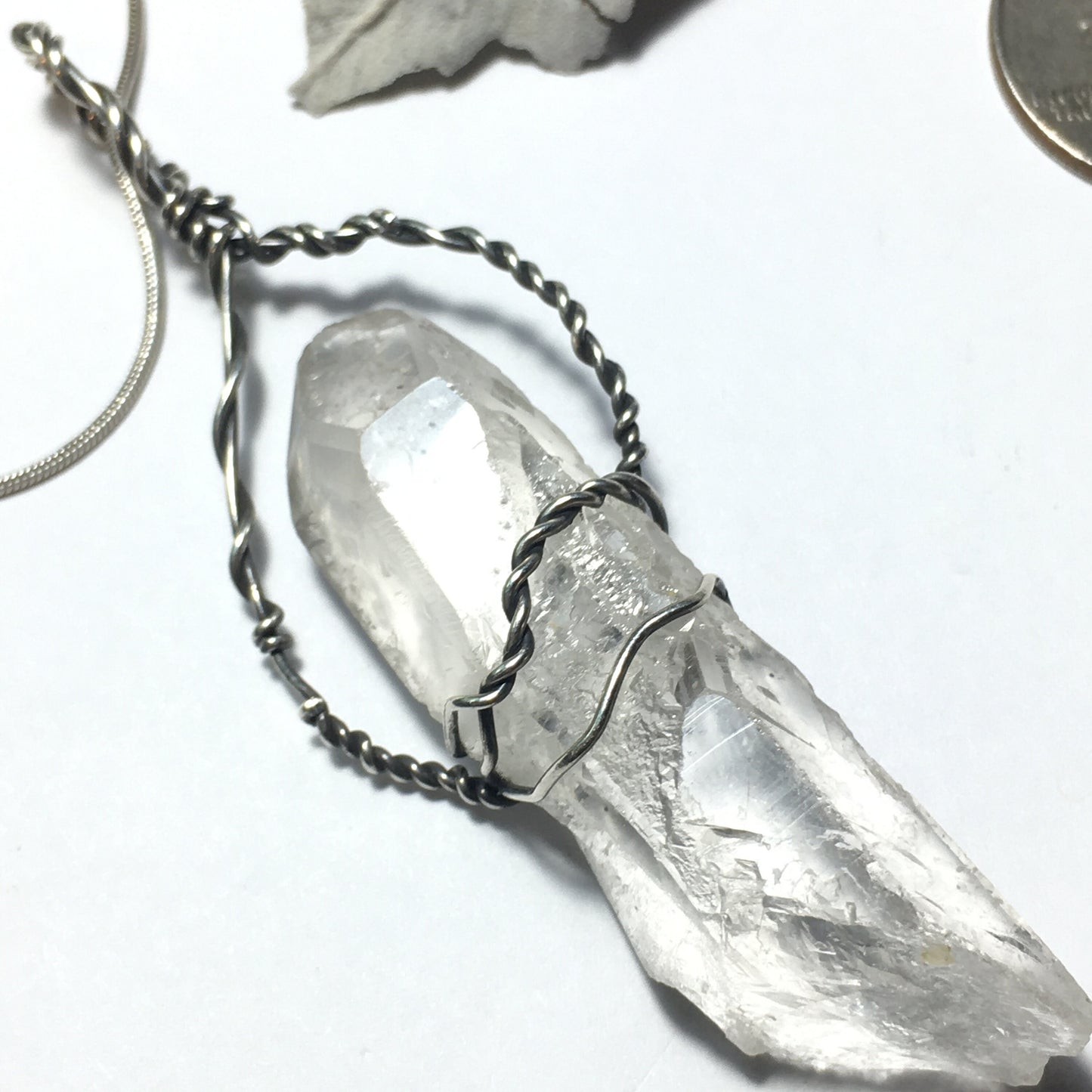 Wire Wrap Brazil Quartz 925 Sterling Silver Pendant on chain