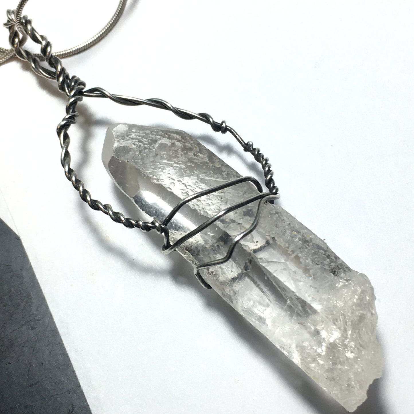 Wire Wrap Brazil Quartz 925 Sterling Silver Pendant on chain
