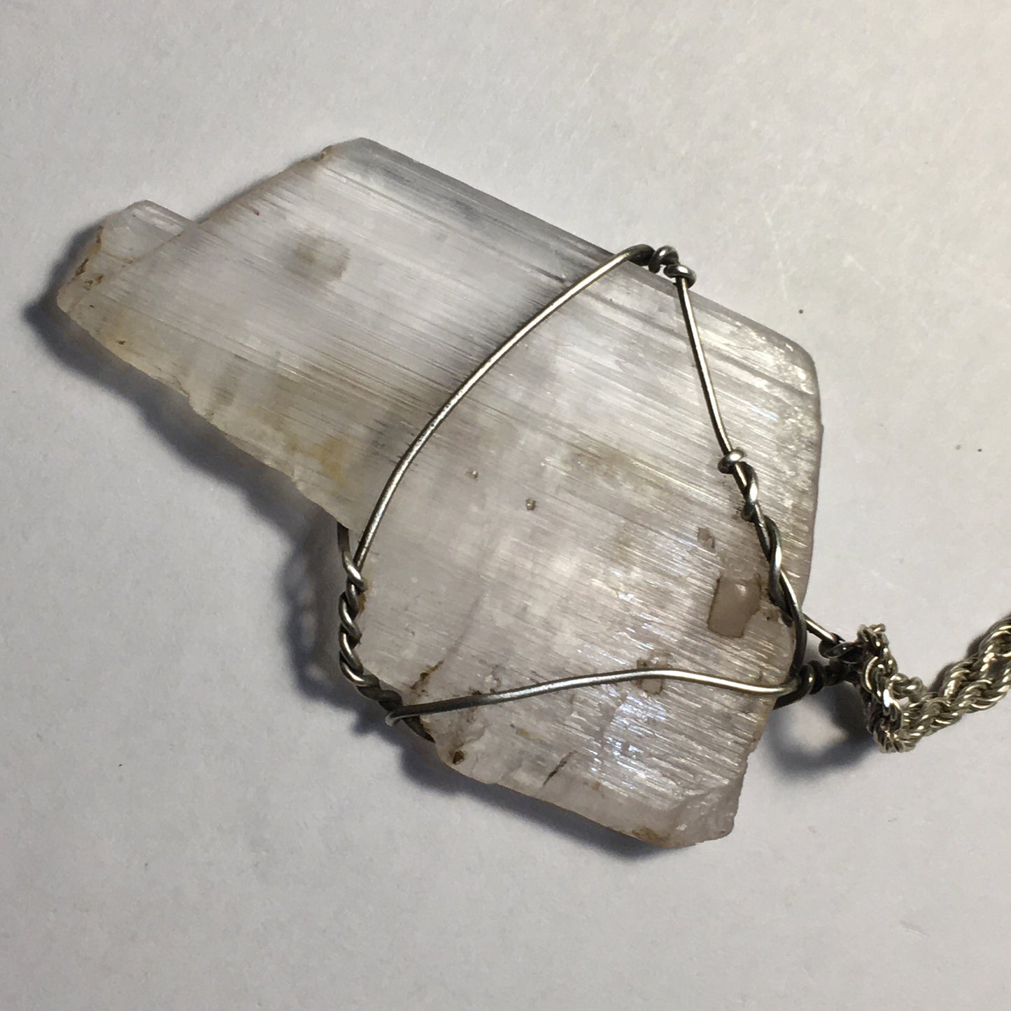 Big Natural Raw Kunzite Jewelry Pendant Wire wrap 925 silver on silver chain