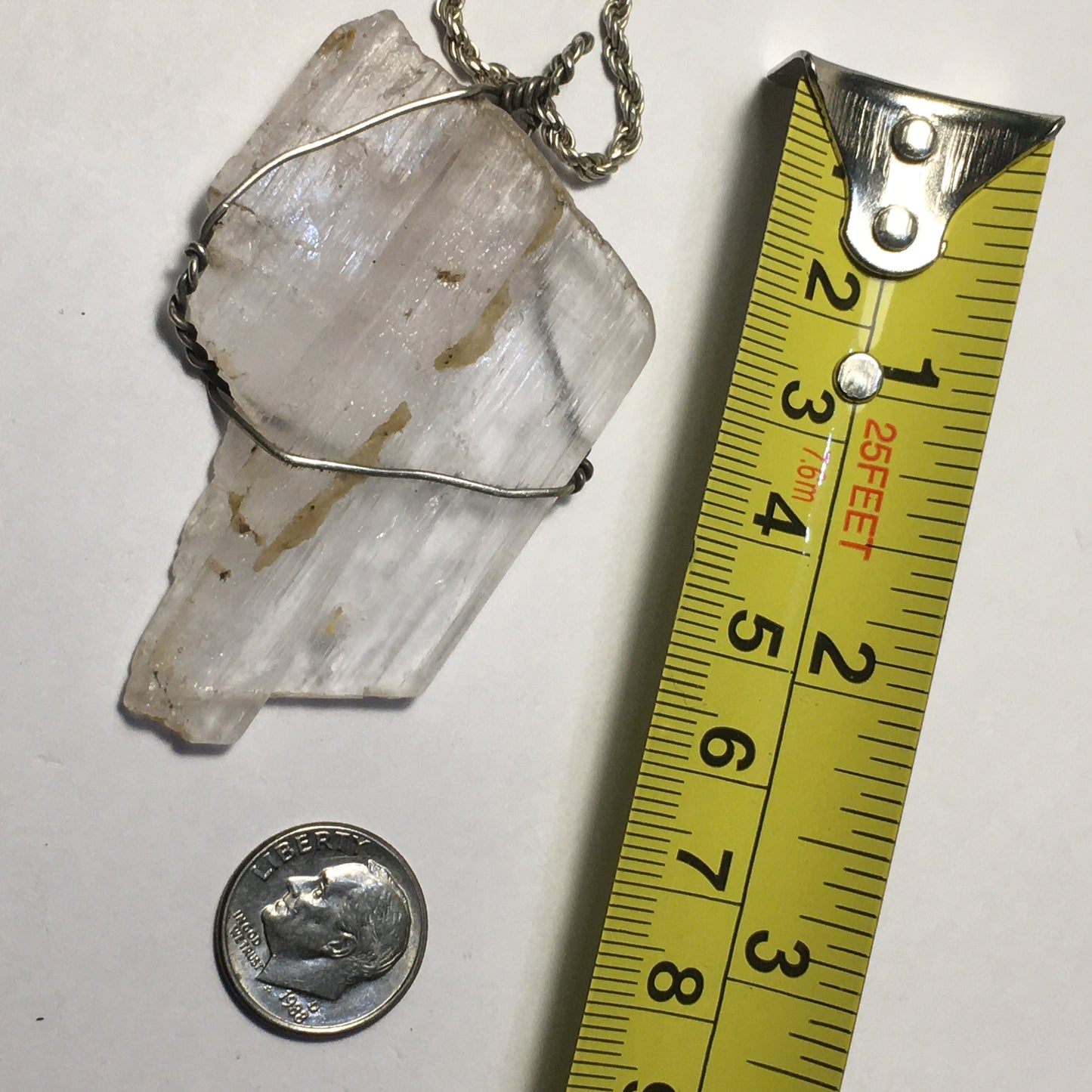 Big Natural Raw Kunzite Jewelry Pendant Wire wrap 925 silver on silver chain