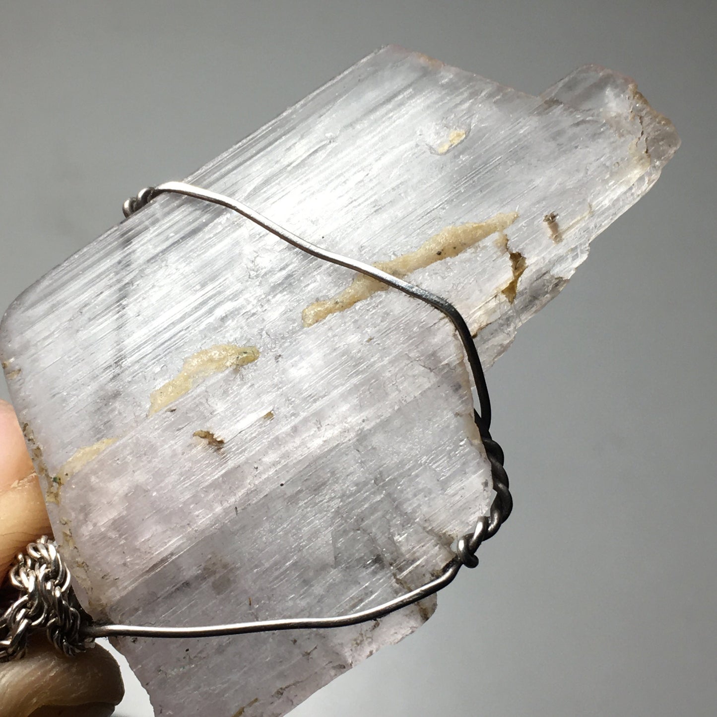 Big Natural Raw Kunzite Jewelry Pendant Wire wrap 925 silver on silver chain