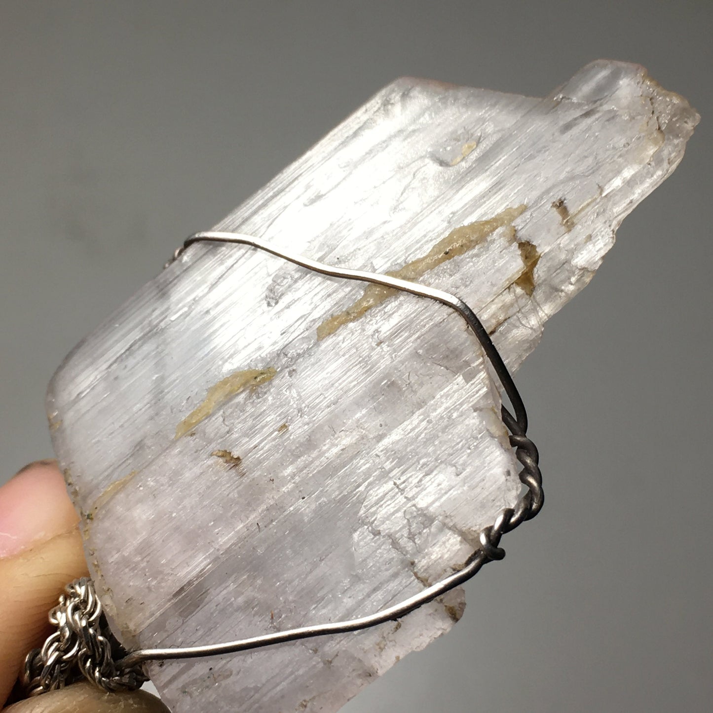 Big Natural Raw Kunzite Jewelry Pendant Wire wrap 925 silver on silver chain