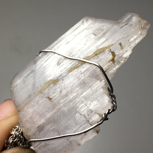 Big Natural Raw Kunzite Jewelry Pendant Wire wrap 925 silver on silver chain