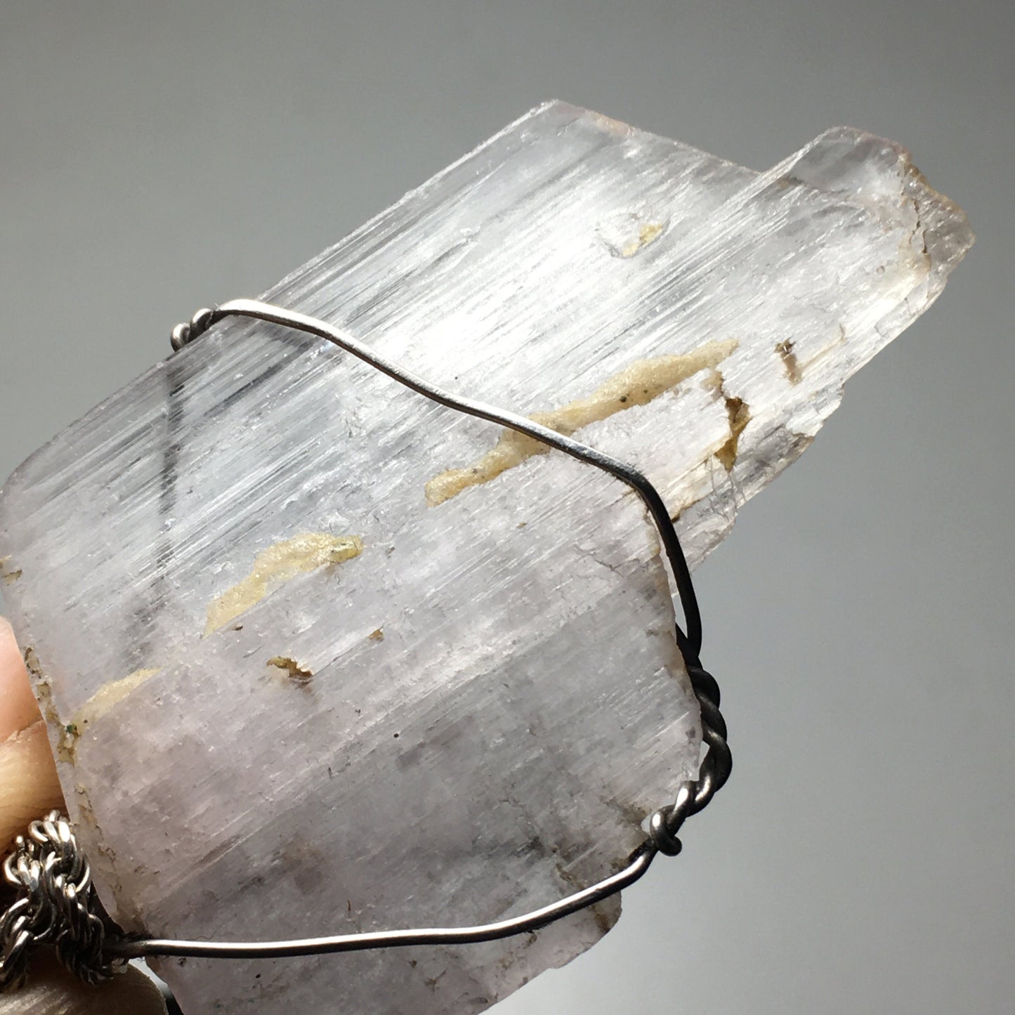 Big Natural Raw Kunzite Jewelry Pendant Wire wrap 925 silver on silver chain