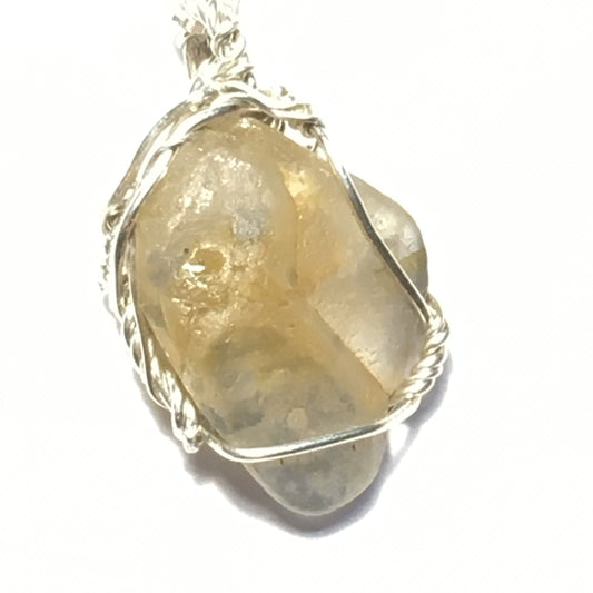 White Blue Yellow Sapphire (untreated, unheated, not irradiated) Silver Wire Wrap Pendant