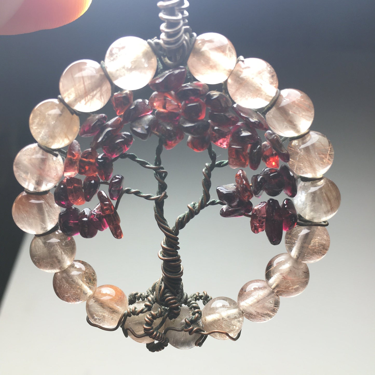 Tree Pendant Rutilated Quartz, Copper and Garnet