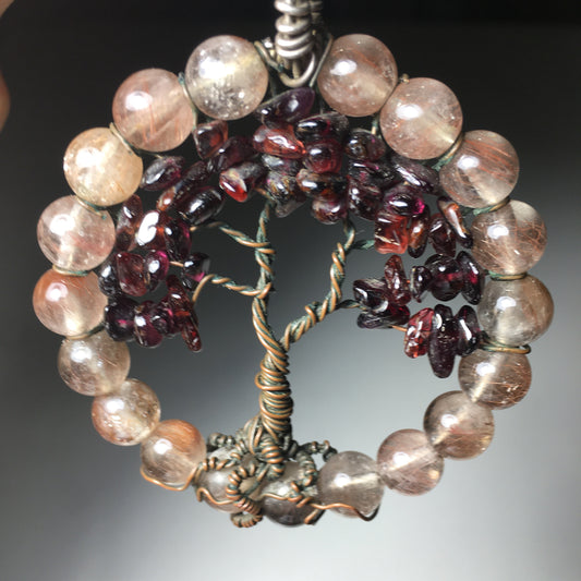 Tree Pendant Rutilated Quartz, Copper and Garnet