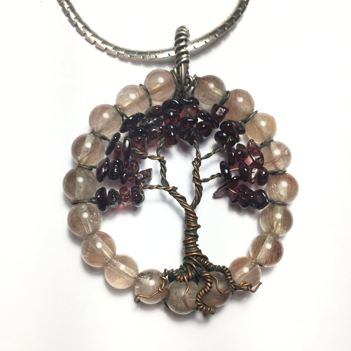 Tree Pendant Rutilated Quartz, Copper and Garnet