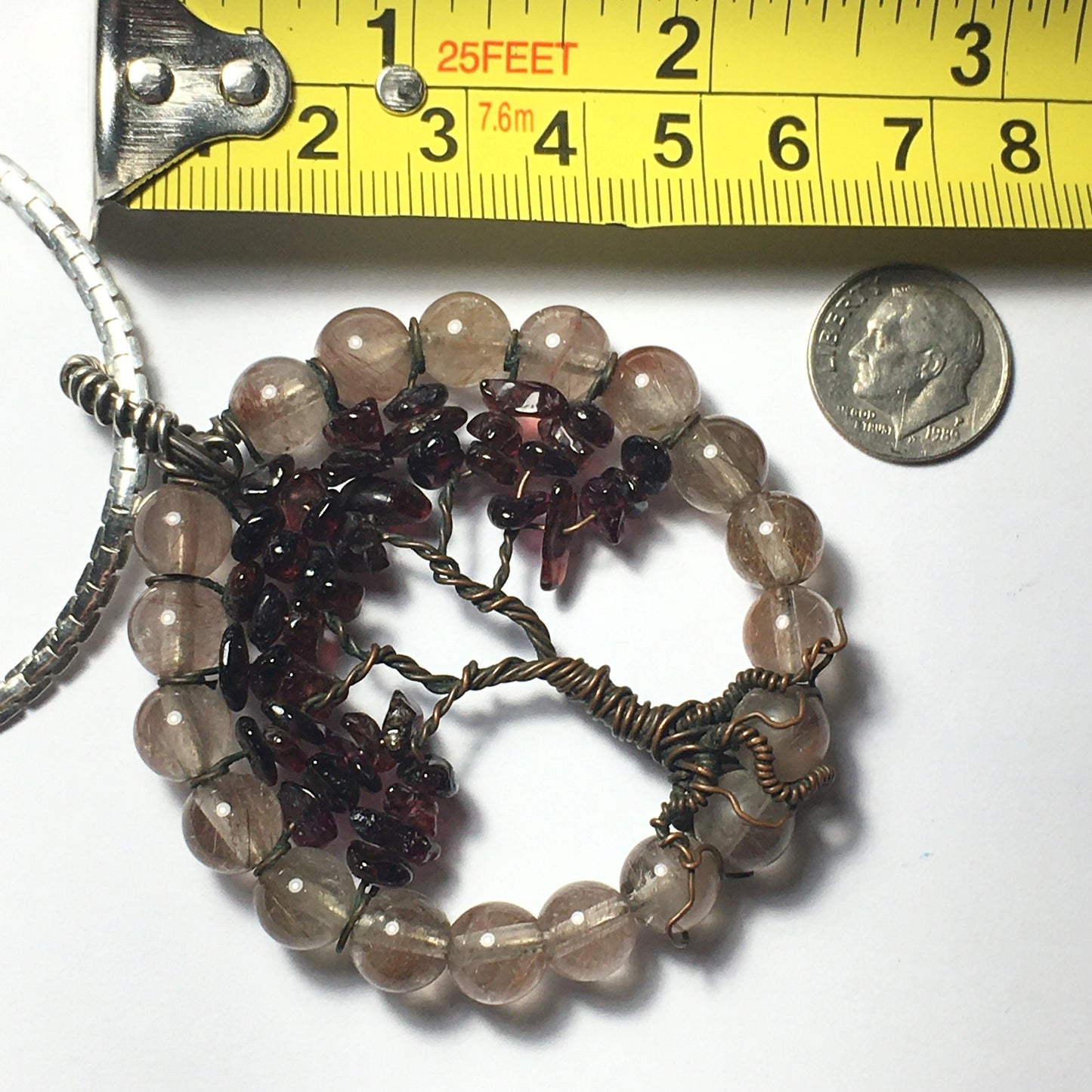 Tree Pendant Rutilated Quartz, Copper and Garnet