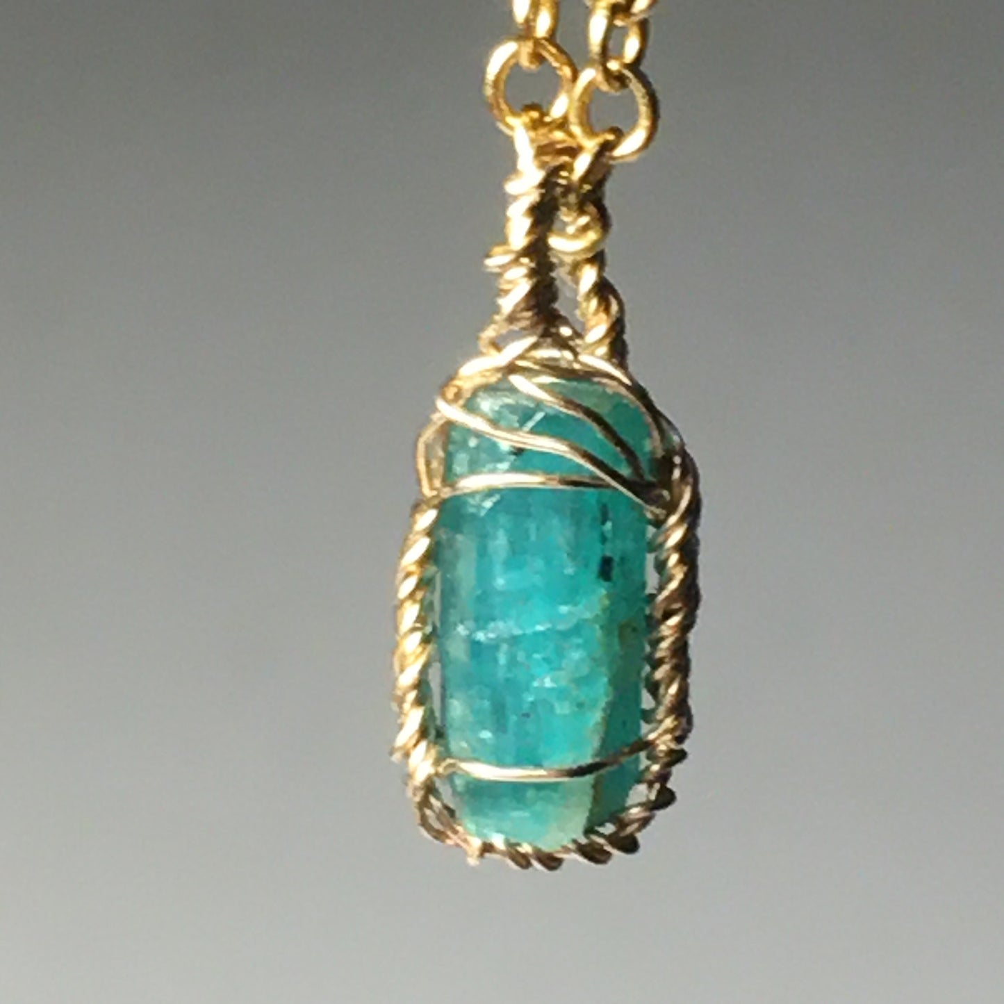 Natural AAA Emerald 14k Gold Wire-Wrap Pendant