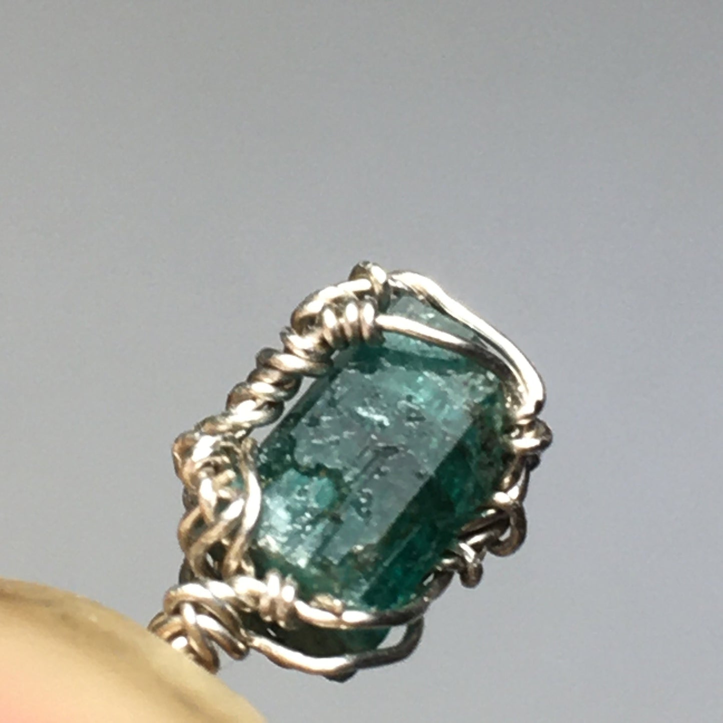 Natural Emerald Silver Wire-Wrap Pendant