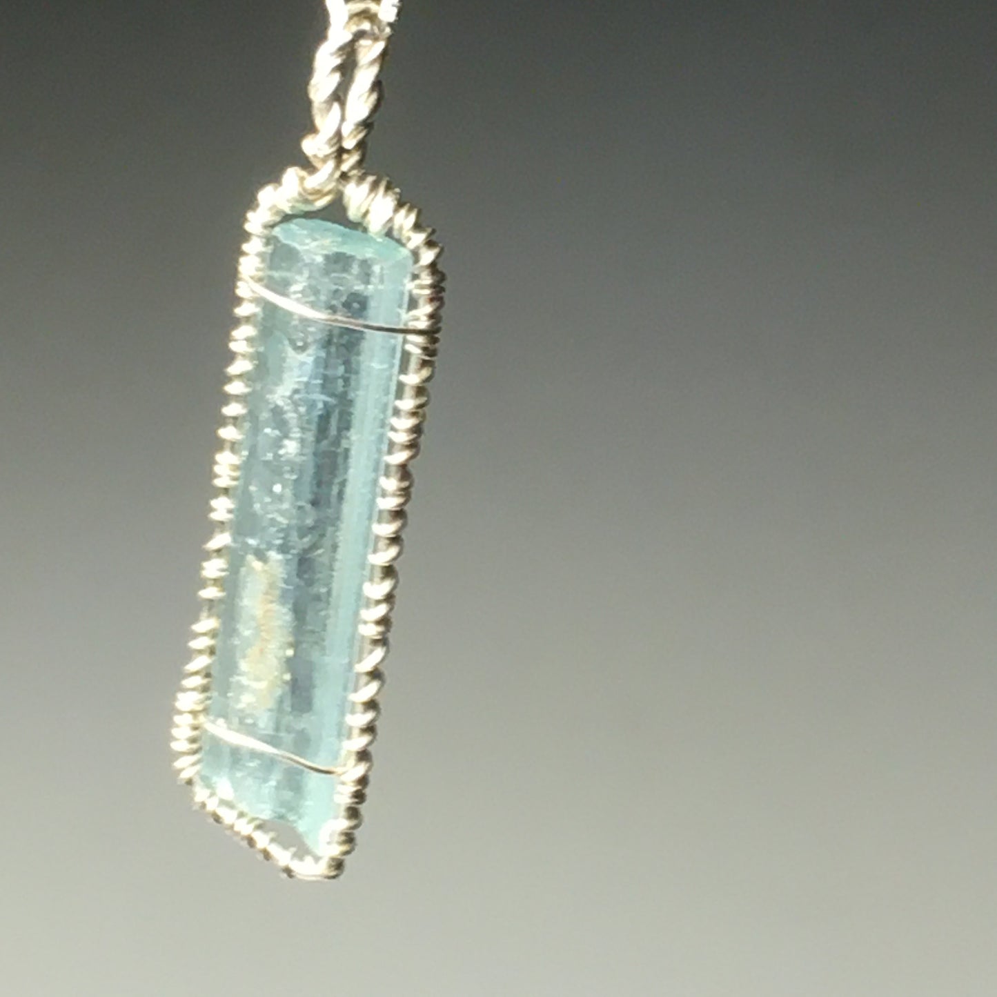 Gem Aquamarine Natural Solid Silver Wire Wrap Pendant