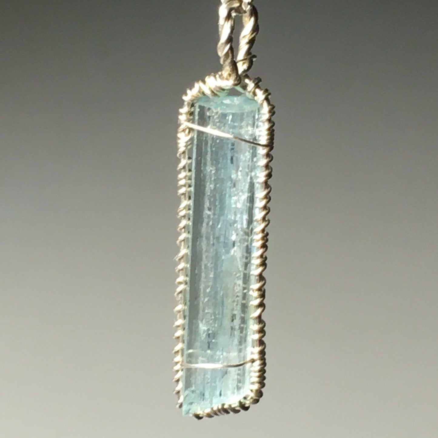 Gem Aquamarine Natural Solid Silver Wire Wrap Pendant