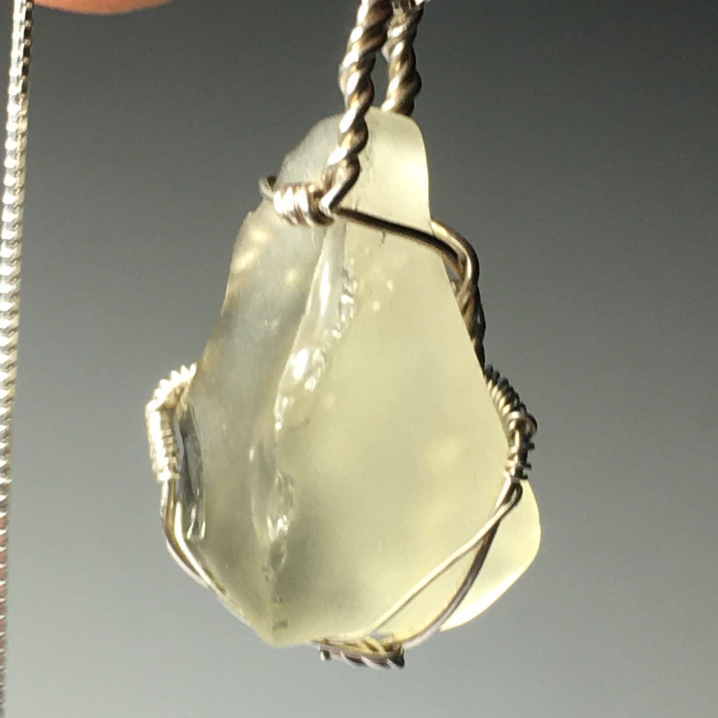 Natural Libyan Desert Glass Solid Silver Wire Wrap Pendant