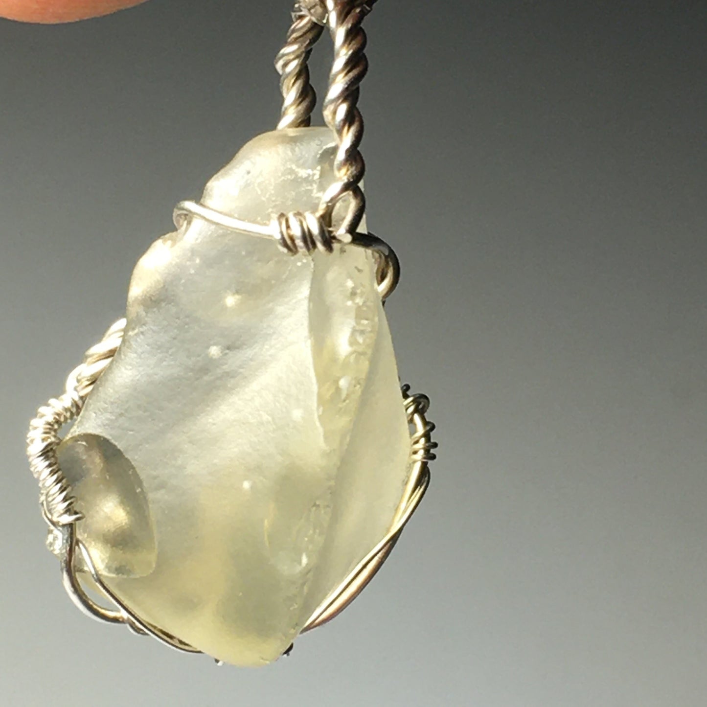 Natural Libyan Desert Glass Solid Silver Wire Wrap Pendant