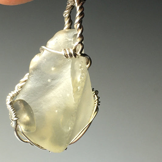 Natural Libyan Desert Glass Solid Silver Wire Wrap Pendant