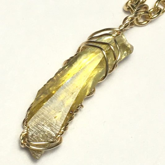 Yellow Zincite Pendant Wire Wrap gold with silver chain