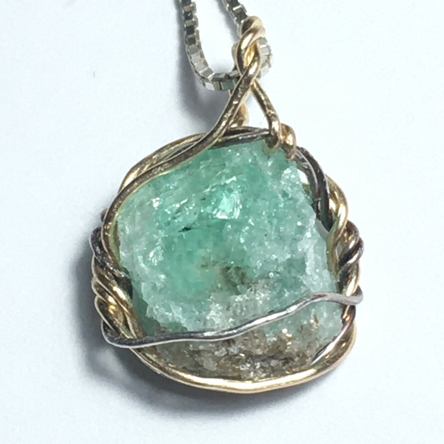 Natural Emerald Gold and Silver Wire-Wrap Pendant on solid Sterling Silver Chain