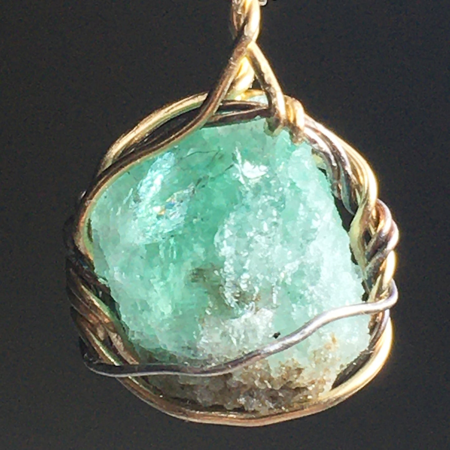 Natural Emerald Gold and Silver Wire-Wrap Pendant on solid Sterling Silver Chain