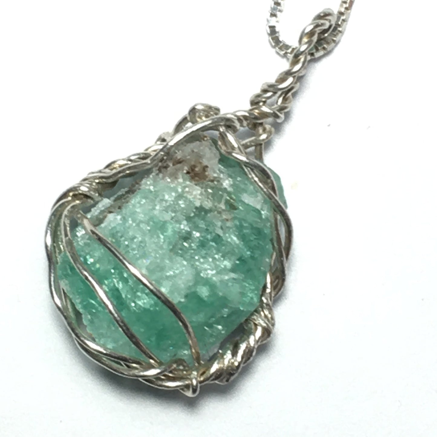 Natural Emerald and Silver Wire-Wrap Pendant on solid 925 Sterling Silver Chain