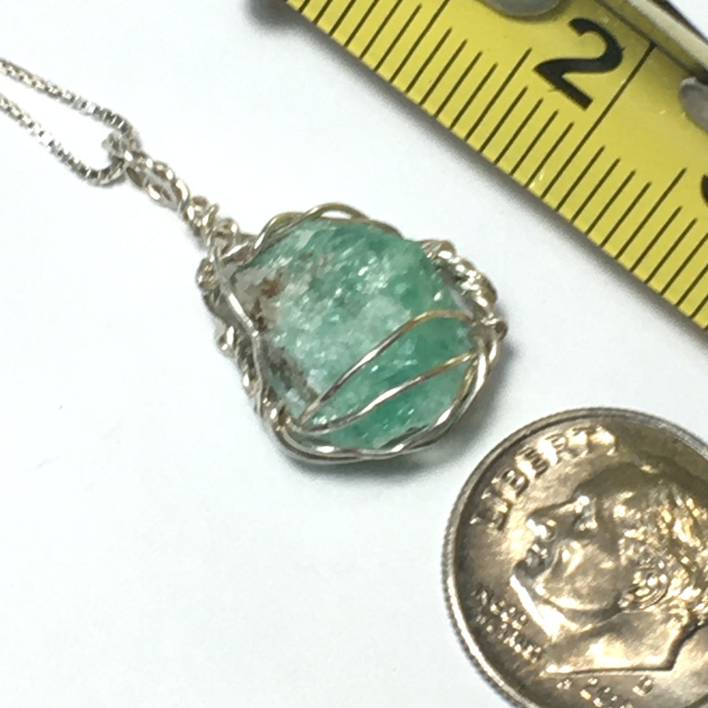 Natural Emerald and Silver Wire-Wrap Pendant on solid 925 Sterling Silver Chain
