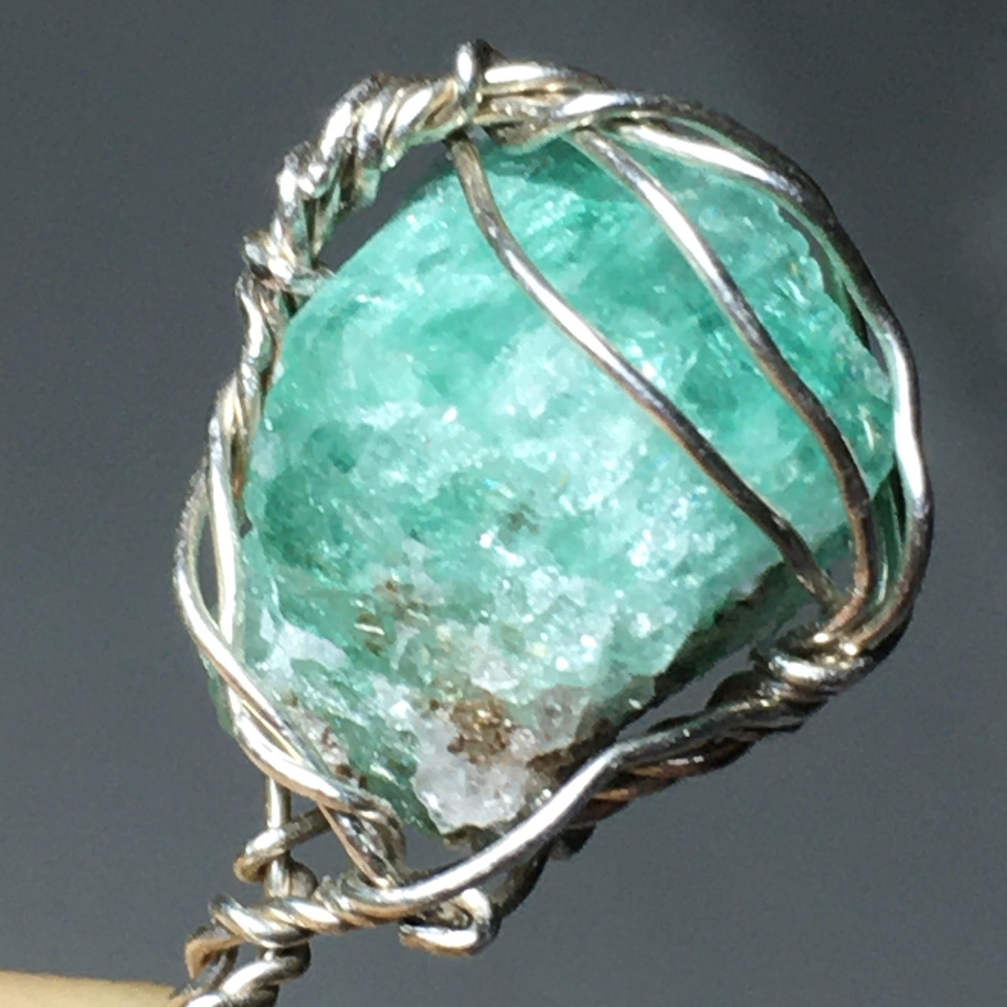 Natural Emerald and Silver Wire-Wrap Pendant on solid 925 Sterling Silver Chain