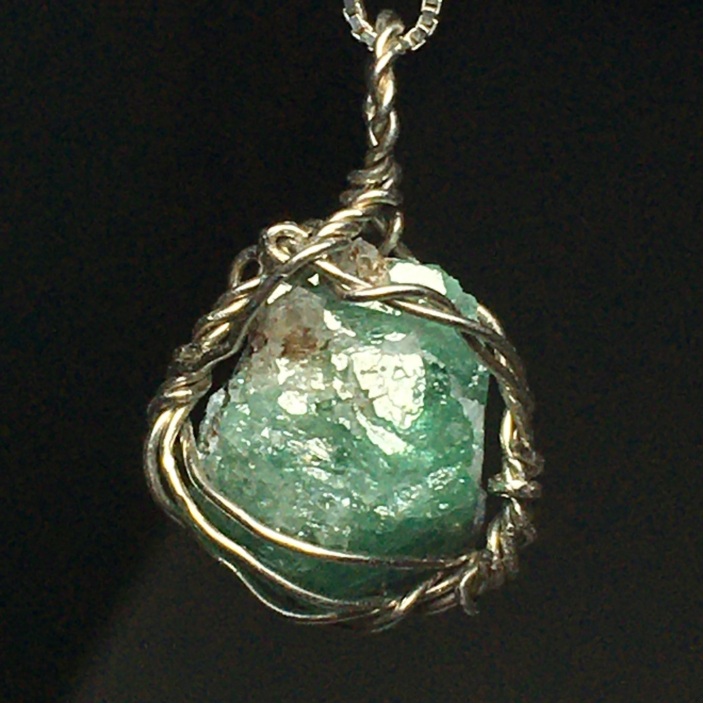 Natural Emerald and Silver Wire-Wrap Pendant on solid 925 Sterling Silver Chain
