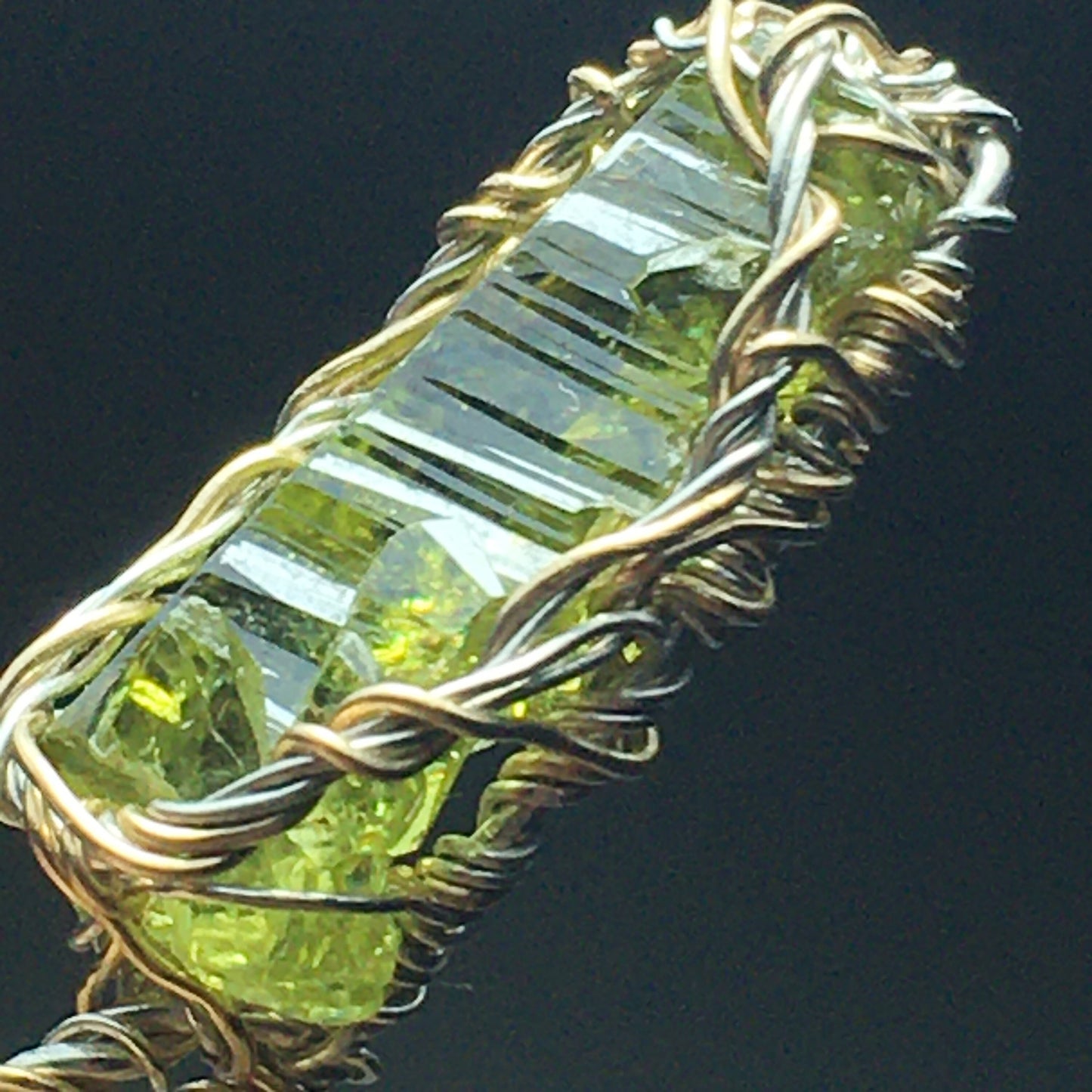 Big Green Zincite, Gold, and Silver Crystal Pendant