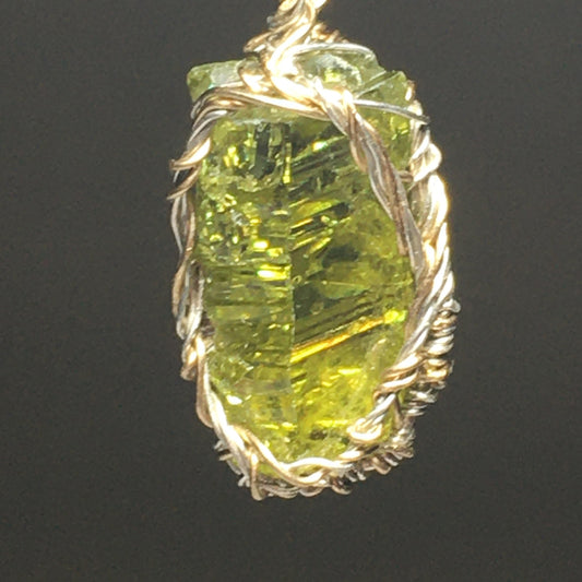 Big Green Zincite, Gold, and Silver Crystal Pendant