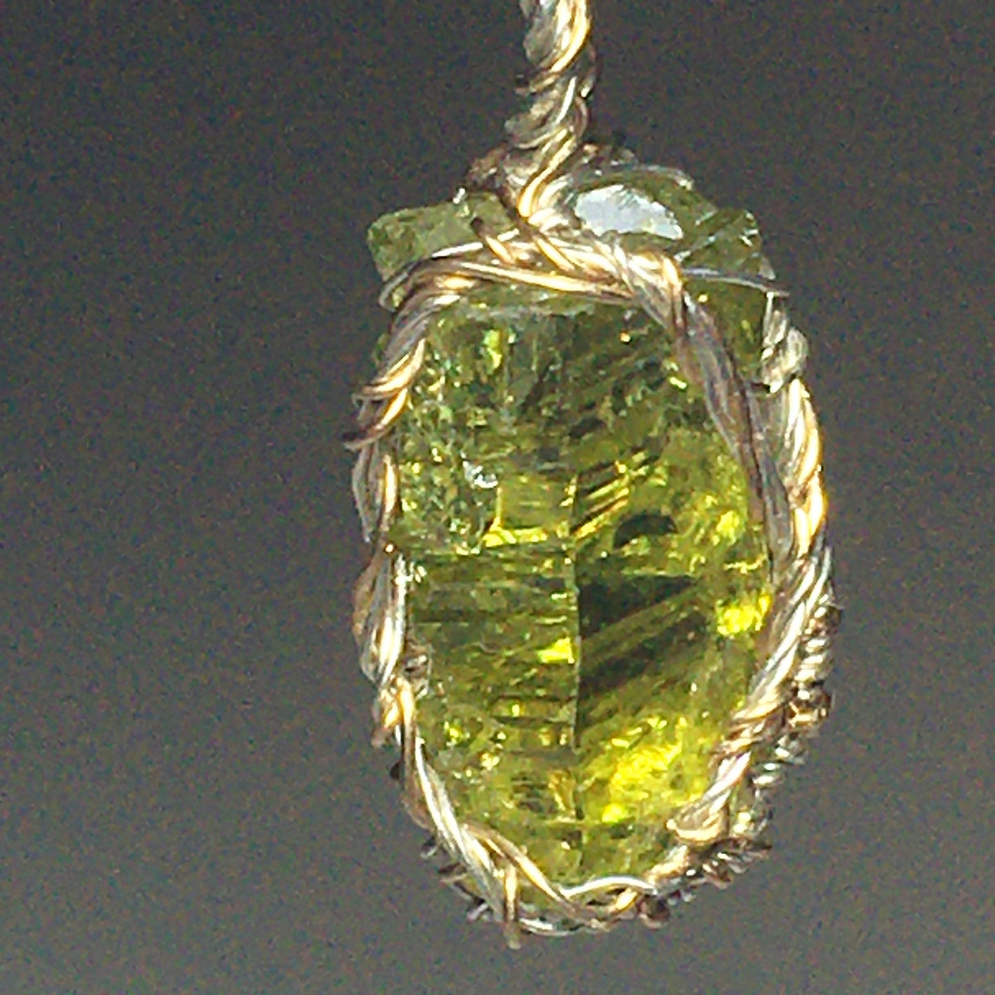 Big Green Zincite, Gold, and Silver Crystal Pendant