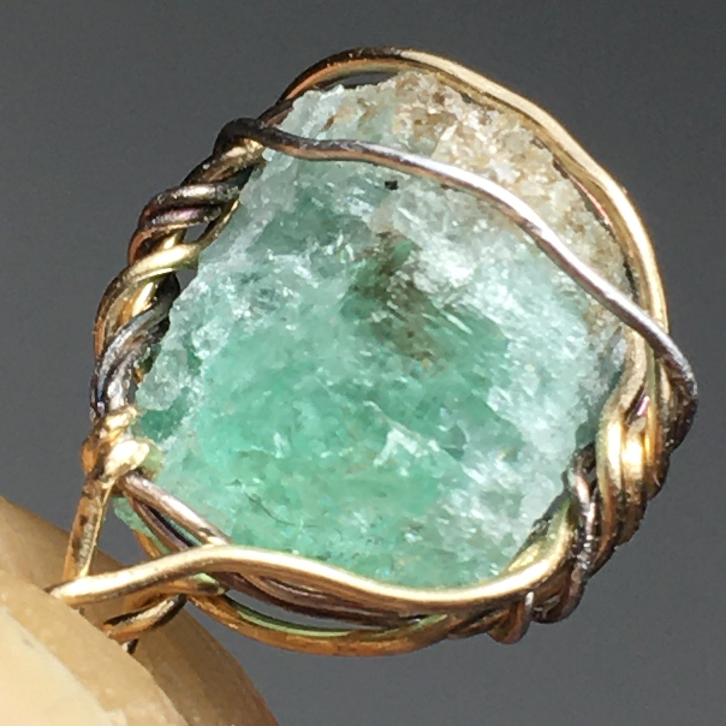 Natural Emerald Gold and Silver Wire-Wrap Pendant on solid Sterling Silver Chain