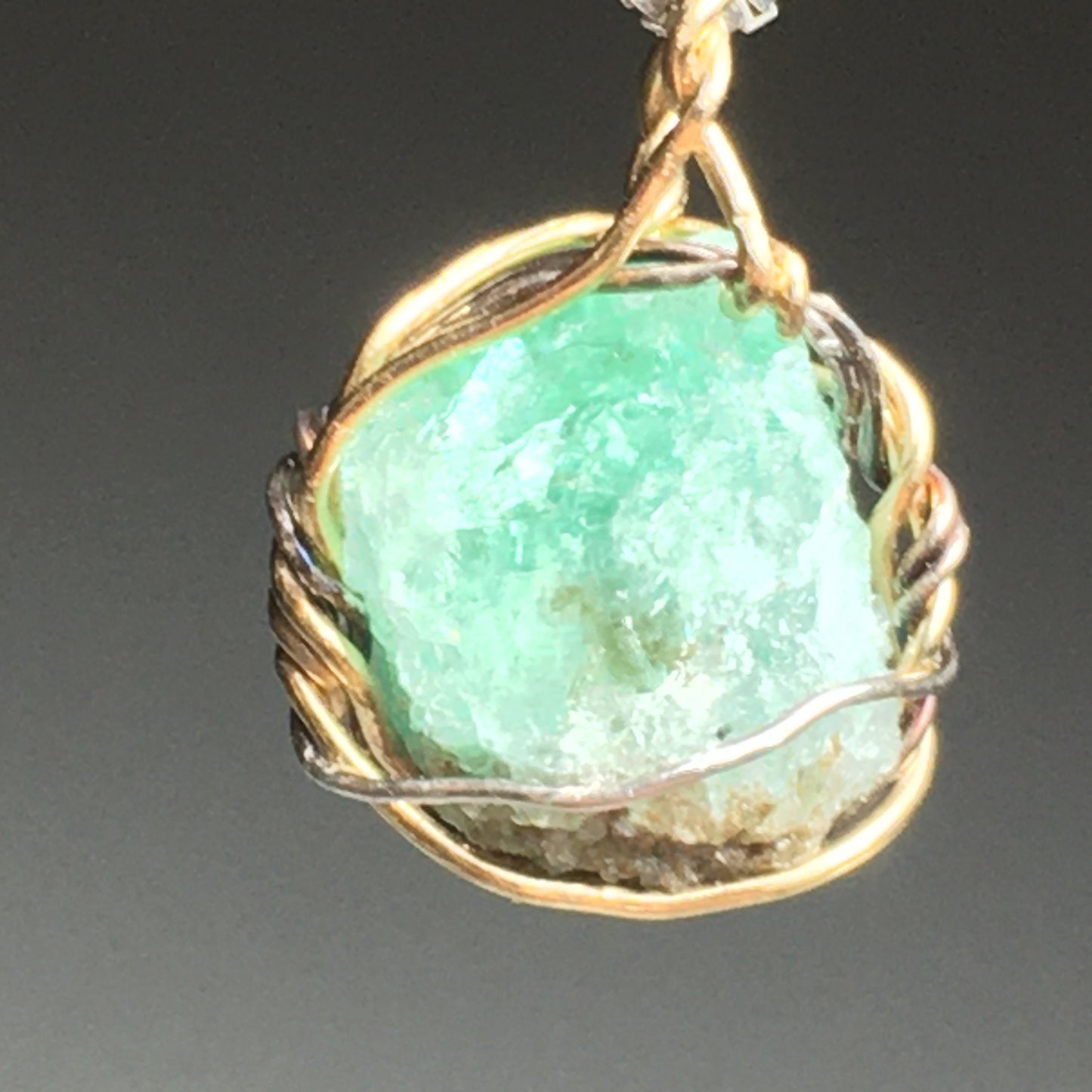 Natural Emerald Gold and Silver Wire-Wrap Pendant on solid Sterling Silver Chain