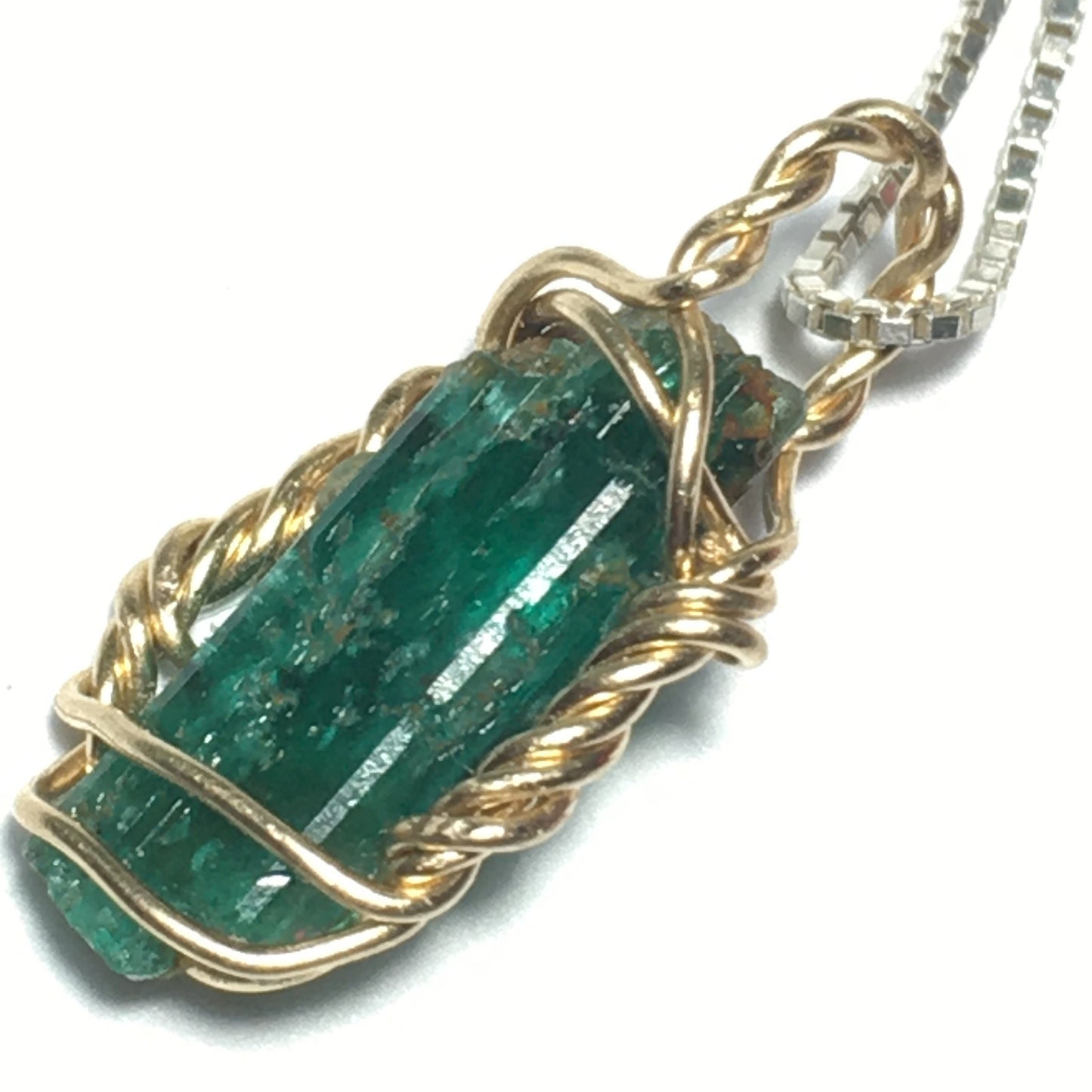 Natural AAA Emerald and Gold Pendant on solid Sterling Silver Chain
