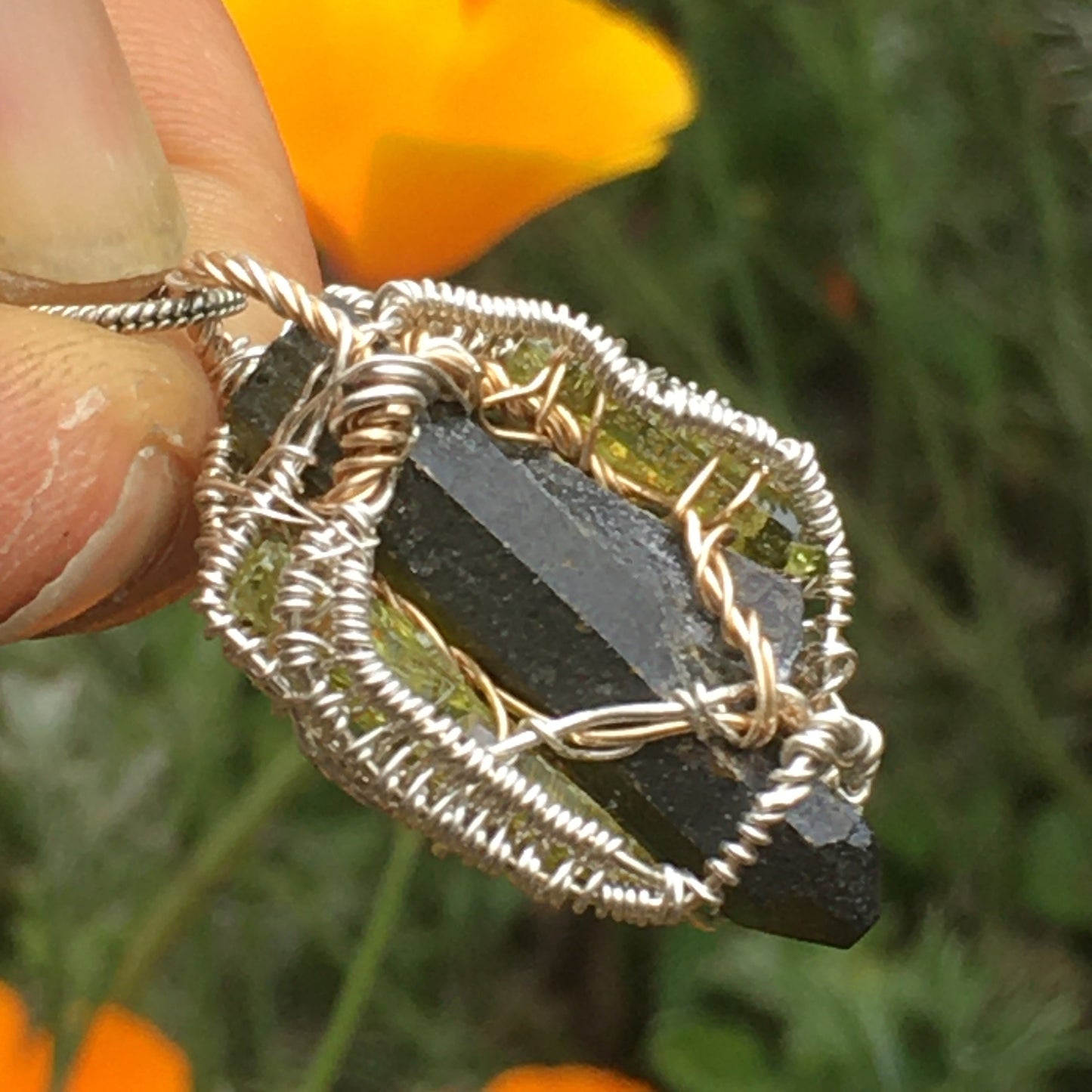 Triple Silesia Zincite Wire Wrap Pendant Gold and 925 Silver Wire with Sterling Chain
