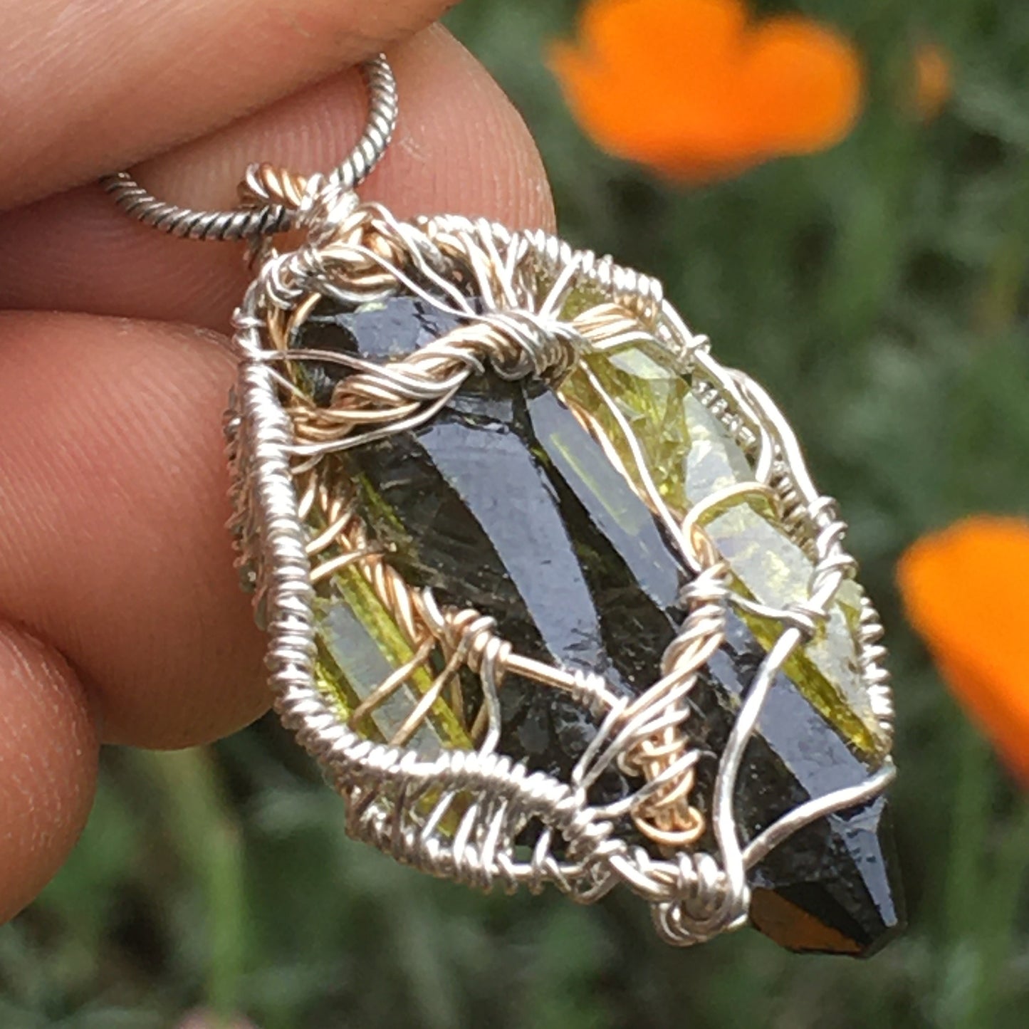 Triple Silesia Zincite Wire Wrap Pendant Gold and 925 Silver Wire with Sterling Chain