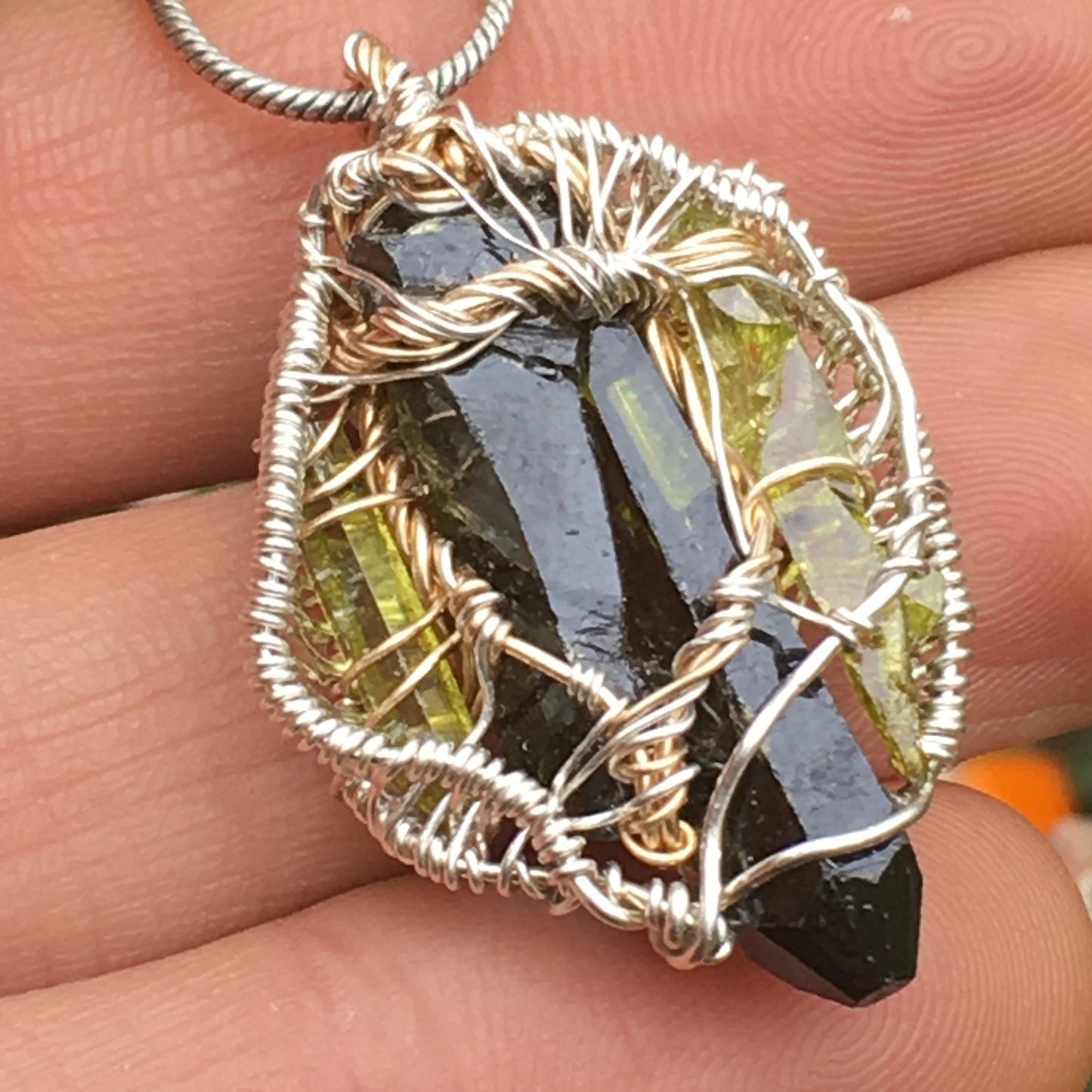 Triple Silesia Zincite Wire Wrap Pendant Gold and 925 Silver Wire with Sterling Chain