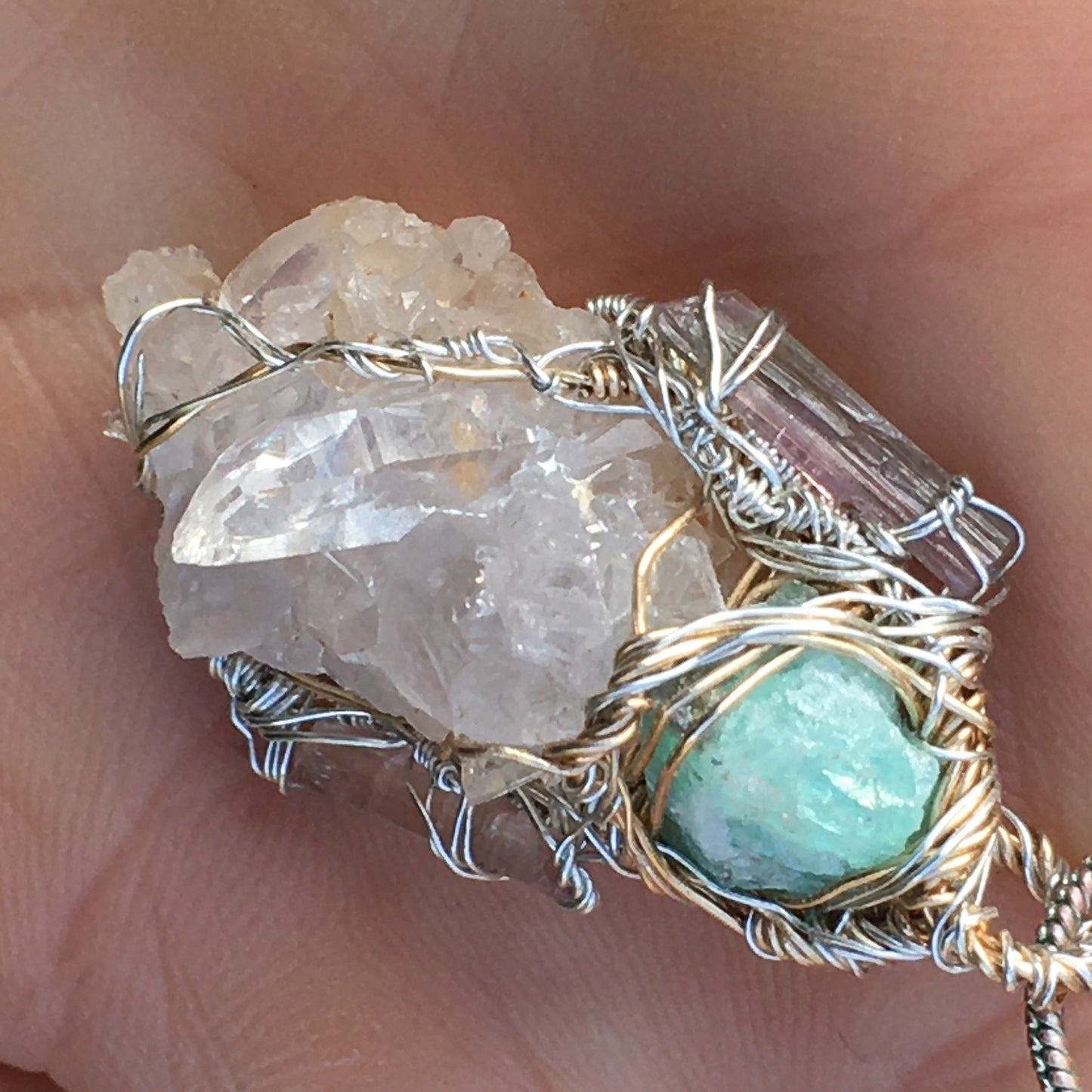 Quartz Emerald and Watermelon Tourmaline Wire-Wrap pendant in Silver and Gold