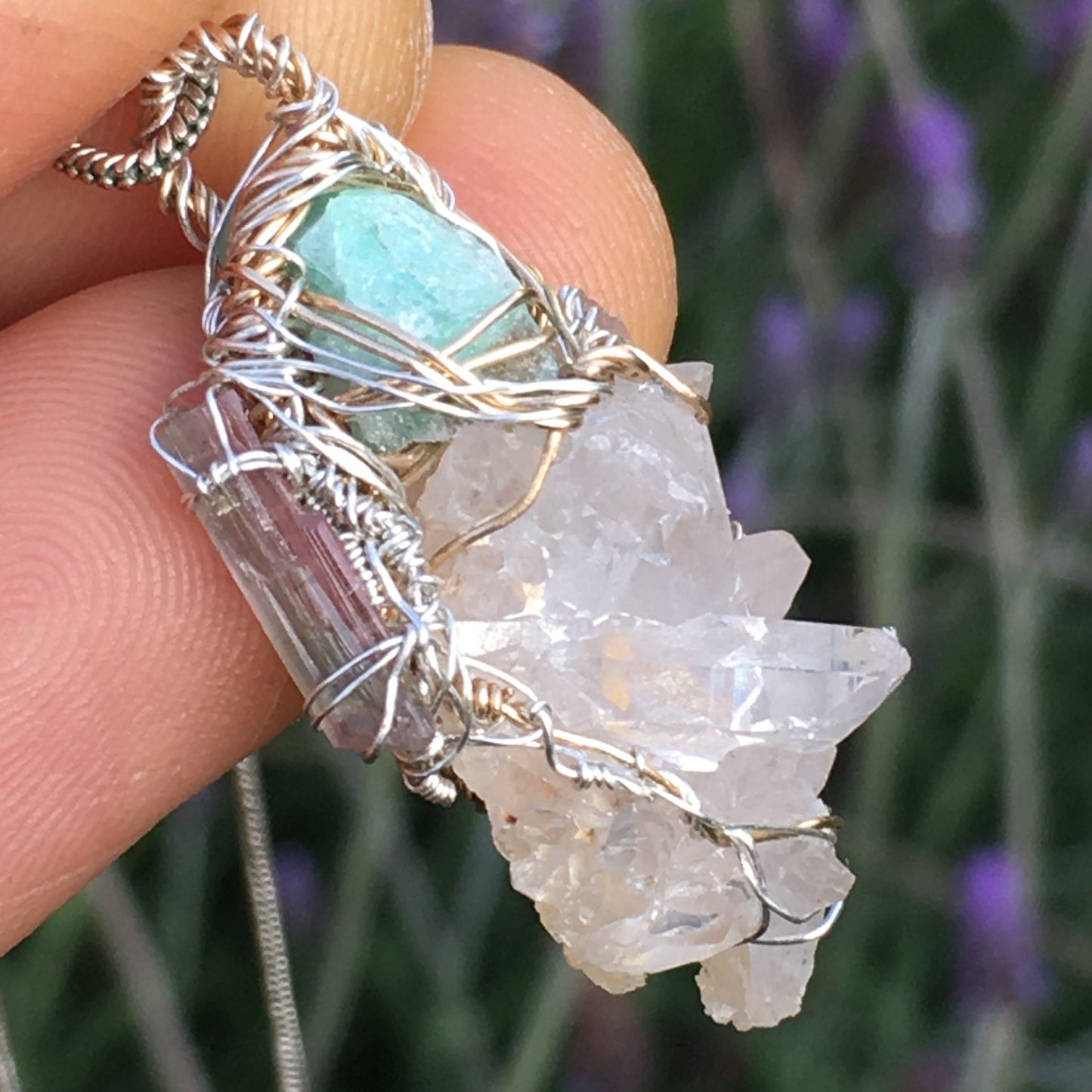 Quartz Emerald and Watermelon Tourmaline Wire-Wrap pendant in Silver and Gold