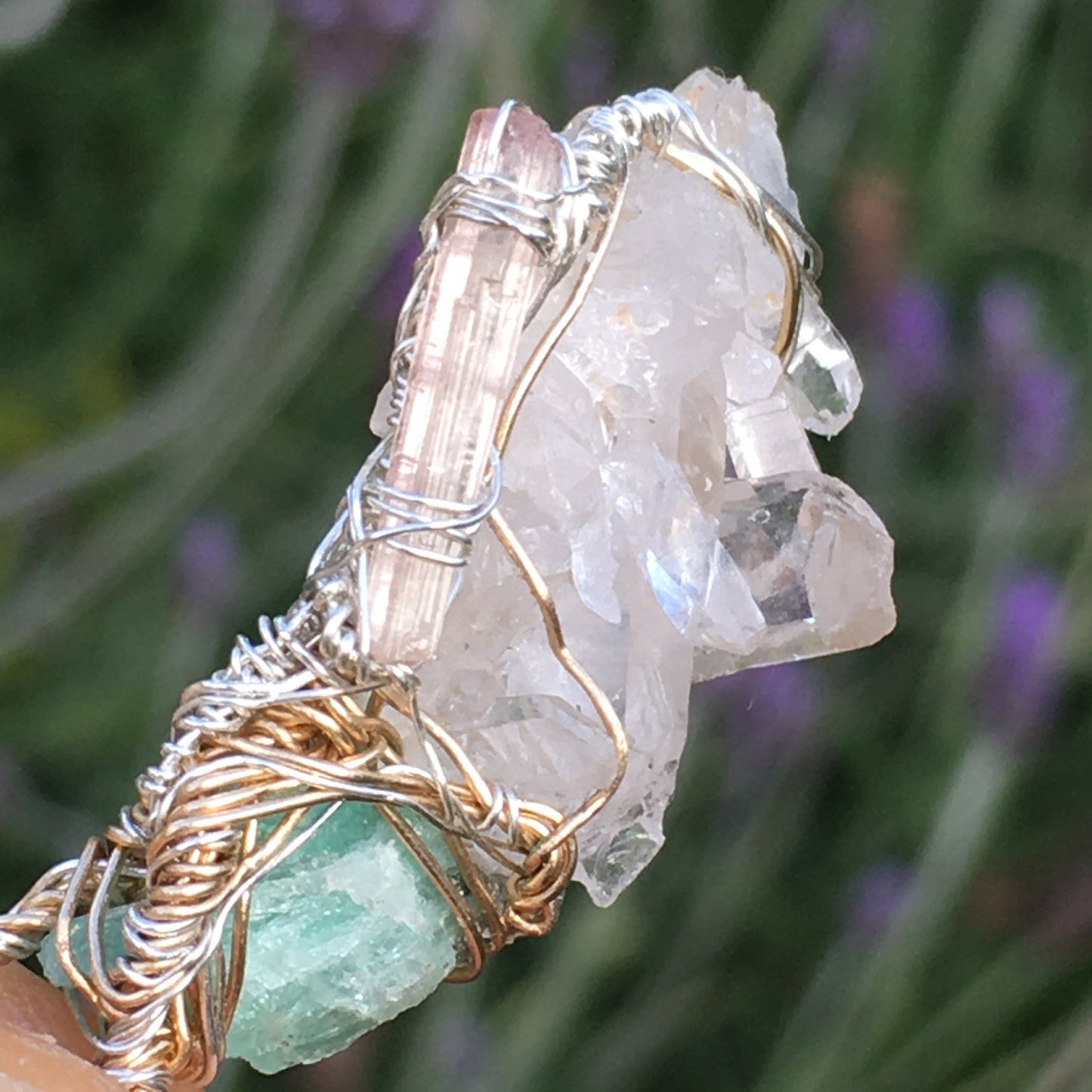 Quartz Emerald and Watermelon Tourmaline Wire-Wrap pendant in Silver and Gold
