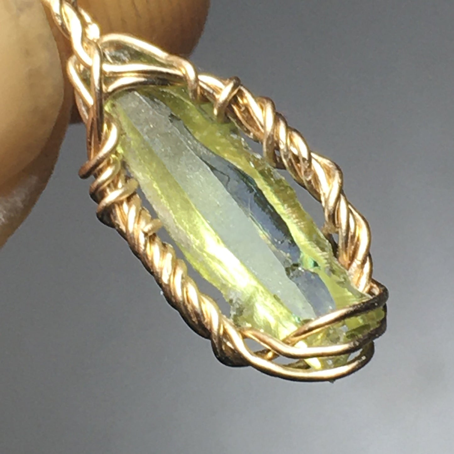 Green Zincite and Gold Fill Wire-Wrap Pendant on Sterling Silver Chain