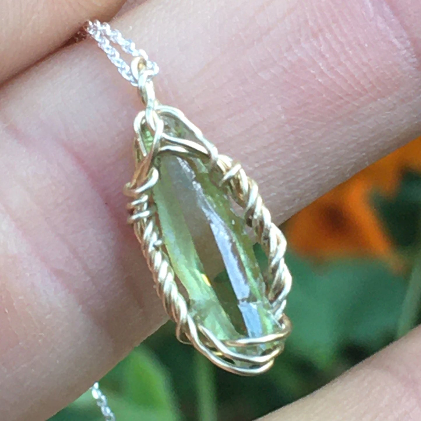 Green Zincite and Gold Fill Wire-Wrap Pendant on Sterling Silver Chain